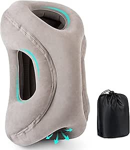 Inflatable Travel Pillow, Airplane Travel Sleeping Pillow for Long Flight, Napping Desk Pillow comfortably support Head, Inflatable Neck Pillow relieve Neck Pain, used for Airport/Car/Office, Grey