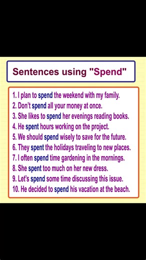 10K views · 170 reactions | Learn English sentences using the word "Spend" Meaning of Spend with example sentence #englishsentences #englishteacher #englishlearning #advancedenglish #LearnEnglish #dailyenglish #spend | English Learning | Facebook