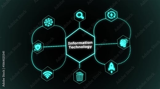 Information technology system layout featuring structured data networks, hexagonal processing hub, digital connectivity, and intelligent workflow paths.