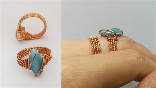Wire wrapped ring with small cat eye stones without holes - full version (slow) 338