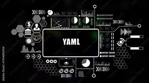 Futuristic blue HUD interface with YAML text and glowing circular elements on a map background technology