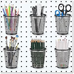 6 Sets Pegboard Cups with Ring Hooks, Pegboard Bin Holder, Pegboard Organizer, Multipurpose Pen Cup, Mesh Stainless Steel Pen Basket