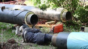 repair of the heating system in Russia in summer welding digging grinding laying pipes