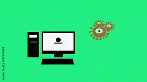 animated footage of a virus attack on a computer, damaging the computerr