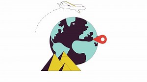 international vol ligne 2d animation. avion autour monde 4k vidéo mouvement graphique. esprit d'aventure avion en volant. Egypte pyramide destination linéaire Animé dessin animé plat concept, blanc Contexte