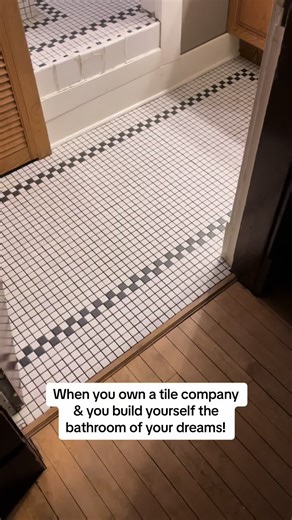 Wait until the end to see them beautiful fixtures that work so well with the tile design choices. #edmonton #yeg #fyp #thetileis #foryoupage #tiktok #interiordecor #smallbusiness #oasis #beforeandafter #heatedfloor #steam #bathroom #design #gold