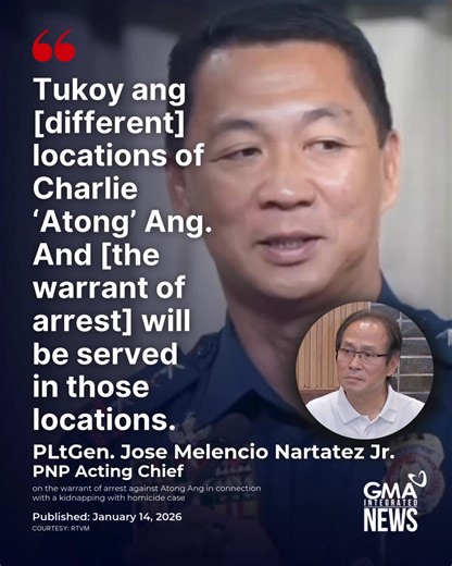 'TUKOY ANG LOCATIONS NI ATONG ANG' A regional trial court in Sta. Cruz, Laguna has issued a warrant of arrest against Atong Ang and 17 other individuals in connection with a kidnapping with homicide case, a non-bailable offense under Philippine law. Ang's "locations" has already been determined and will be served to him accordingly, said Philippine National Police (PNP) acting chief Police Lieutenant General Jose Melencio Nartatez Jr. Samantala, ayon sa ulat ng Balitanghali, hiniling ng abogado 