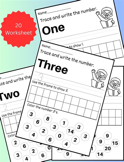 Trace and Write Numbers 1-20 Worksheets – Kindergarten Math Practice (Digital Download)