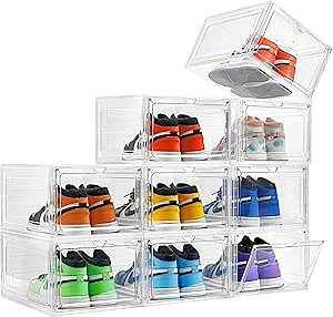 Attelite Upgraded Shoe Storage Box 9 Pack Shoe Box Clear Plastic Stackable X-Large Drop Front Shoe Box with Clear Magnetic Door,Shoe Organizer and Shoe Containers For Sneaker Display