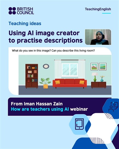 Iman describes an activity using AI for language of description. Her presentation, was part our webinar event 'AI for learning. Watch all the webinars here. Iman's activity is part of the panel event. https://www.teachingenglish.org.uk/news-and-events/webinars/webinars-teachers/ai-learning-mini-event Karen 😀 #TeachingEnglish #IntegratingICT #ArtificialIntelligence | TeachingEnglish - British Council