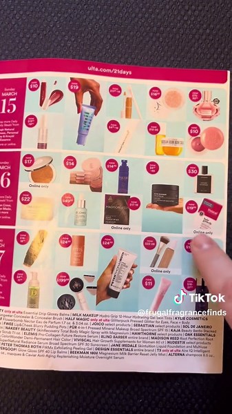 ULTA 21 DAYS OF BEAUTY EVENT 50% off daily deals 3/11 Ellis Brooklyn SALT EDP 50 ml $57.50 3/12 50% off MUGLER Alien Hypersense 3/13 50% off SNIF Rose Era EDT 1 oz 3/14 Lancome Idole 50% off(select scents) 3/15 50% off Sol de Janeiro Cheirosa 62 Bum Bum Hair & Body Perfume Mist 3/15 50% off VIKTOR & ROLF Flowerbomb Nectar EDP 3/16 50% off Hawthorne Doubledare, Desert Runway, Canary Diamond & Dark Suede EDP 3/19 50% off Gucci Bloom EDT 3.3 oz 3/20 50% off Chloe Nomade EDP 2.5 oz 3/21 50% off Eili