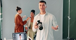 Photoshoot, live streaming and man in studio talking on set for lesson, photography or backstage tutorial. Photographer, influencer or portrait of person with camera for shooting for magazine catalog