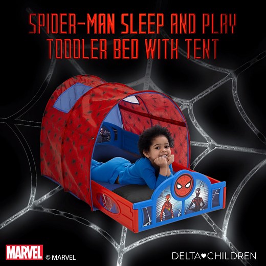 Swing into bedtime with help from your friendly neighborhood Spider-Man! Delta Children's new toddler tent bed is perfect for your hero in training: https://deltachildren.com/ | Marvel