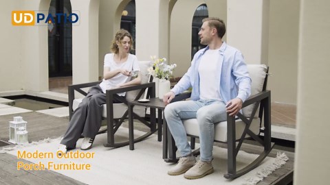 UDPATIO Rocking Chair Outdoor Set 2 with Coffee Table, 3 Piece Metal Rocking Bistro Set with 6.5" Water-Resistant Cushions, Oversized, 350lbs Heavy-Duty, for Porch, Patio, Balcony, Beige