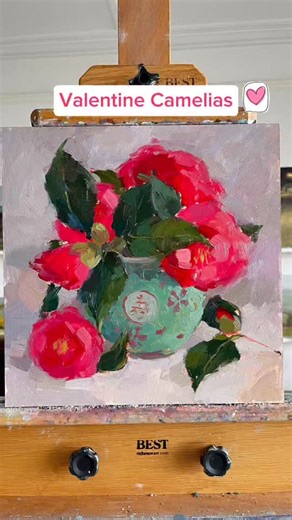 Clare Bowen Artist on Instagram: "Be my Valentine! ❤️ Camelias in a Chinese pot step by step little oil painting demo. Lovin’ this colour combo! Sending good wishes & virtual hugs to you 🤍 12x12” oil on board * Chinese pot from @dolphin.newlyn @rosemarybrushes #allaprima #oilpainting #stilllife #camellias #clarebowenartistflowers * Music from the new Bridgerton series 😍"