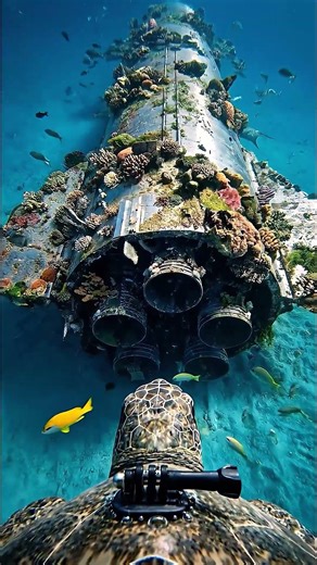 Turtle With Go Pro Explores Sunken Space X Rocket 4k Footage #4k #gopropov