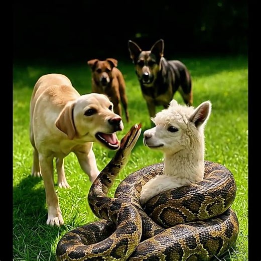 Wild Encounter: Dogs React to Python Wrapped Around Alpaca