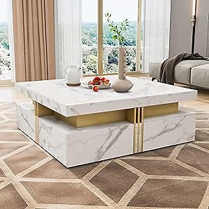 Square Faux Marble Coffee Table - 43.3" Large Square Coffee Table with 4 Storage Drawers & Faux Marble Texture, Luxury Tea Table with Gold Accent, Modern Center Table for Living Room (White)