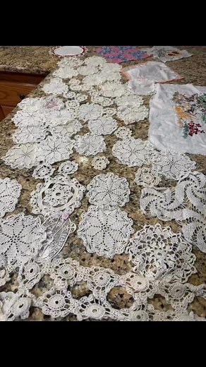 I was asked what I do with all the doilies? Soooo many things! I mostly only use small doilies. They are stitched on pincushions, needlebooks, quilts, pillows and my one and done, doily JACKET!! #doily #doilyjacket #quiltingvintage #doilies #pincushions | Kelly Cline Quilting