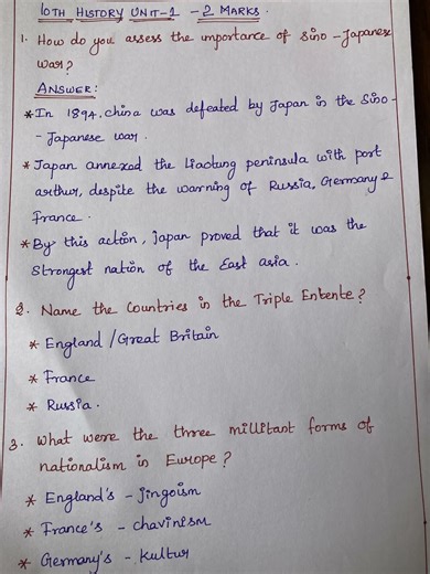 10th History unit1 two marks Hand Written notes