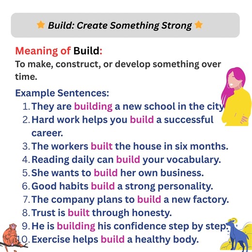 Meaning of Build: To make, construct, or develop something over time. Example Sentences: They are building a new school in the city. Hard work helps you build a successful career. The workers built the house in six months. Reading daily can build your vocabulary. She wants to build her own business. Good habits build a strong personality. The company plans to build a new factory. Trust is built through honesty. He is building his confidence step by step. Exercise helps build a healthy body. #dai