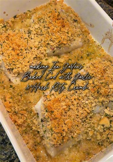 Ina Garten’s Baked Cod with Garlic & Herb Ritz Crumb🍋🐟 Light, buttery, lemony, and perfect for Lent or an easy weeknight dinner. Ingredients • 4 center cut boneless, skinless cod fillets (6 to 8 oz each) • kosher salt freshly ground black pepper • ½ cup ritz cracker crumbs (about 15 crackers) • ⅓ cup panko bread crumbs • 2 tbsp minced fresh parsley • 2 tsp minced garlic • 1 tsp lemon zest • 3 tbsp unsalted butter, melted • ¼ cup dry white wine • 2 tbsp freshly squeezed lemon juice • lemon wedg