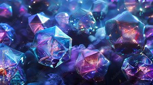 Neon-colored crystals of various shapes floating against a blue and purple gradient background. The crystals glow in vibrant shades of pink, blue, green, and more, radiating a jewel-like beauty. Stock Video