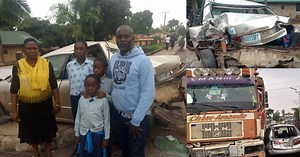 Family of 5 escaped unscathed after trailer crushed their car in Jos (Photos/video) - YabaLeftOnline