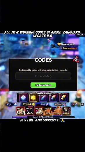 All New working codes in anime Vanguard update 11.0 #short #animevanguards #towerdefense #codes