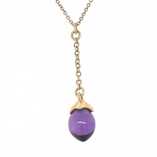 18k Yellow Gold Amethyst Drop Pendant Necklace, 18 Inch 14k Gold Chain, 2.5g.