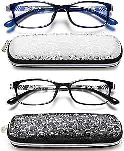 EYEURL 2 Pack Blue Light Blocking Readers for Women Men, Ladies Computer Reading Glasses +1.0 Magnification, Fashion Rectangular Eyeglasses and Hard Case