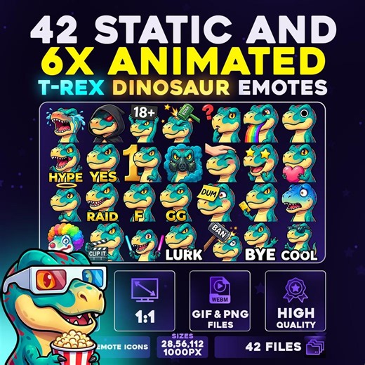 42 + 6 Animated T-rex Dinosaur Emote Pack PNG & GIF for Streamers, Twitch, Discord, Kick, | Chibi Turqoise T-rex Dinosaur Mega Emote Pack - Etsy