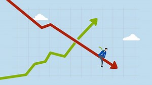 Stagflation, 4k animation of Anxious business owner plummeting on declining economic chart as inflation reaches high levels.