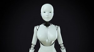 A humanoid robot talking to the camera. The girl robots speak and move like humans on the black background. 3d animation with alpha matte.