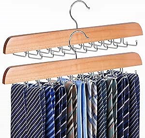 Tie Rack Hanger for Closet, 2 in 1 Belt Tie Hangers with 20 Folding Hooks, 360 Degree Rotating Wooden Tie Holder Organizer for Men Ties Belts Scarves Tank Tops Accessories, Wood (2 Pack)