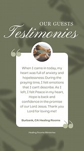 Over the 20 years that the Healing Rooms Ministries has been in operation, we've received countless testimonies. Those which have been written by guests such as yourself, reported to our office, and transcribed are available for you to read on the "Testimonies" page of our website. https://healingrooms.com/en/testimonies/ | Healing Rooms Ministries