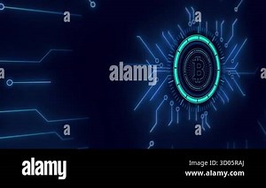 A high tech motion graphic featuring a glowing Bitcoin symbol (BTC) in the center of a dynamic digital circuit board, symbolizing crypto technology Stock Video Footage - Alamy
