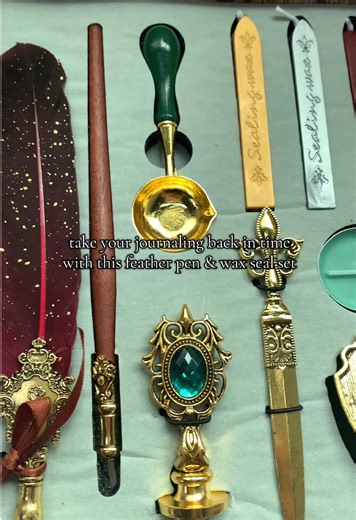 this feather pen & wax seal kit is sooo much fun to use and so dramatic I'm obsessed! #journaling #writing #journalsupplies #waxseal #calligraphy Journaling supplies, wax seal kit, feather pen, vintage feather quill pen, fountain pens, journaling, calligraphy set