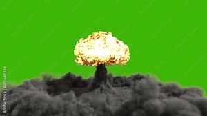 The explosion of a nuclear bomb. Realistic 3D animation of atomic bomb explosion with fire, smoke and mushroom cloud in front of a green screen.