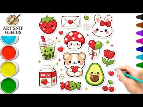 How to Draw 15 Cute Kawaii Stickers! 🍓🎨 Easy Coloring for Kids