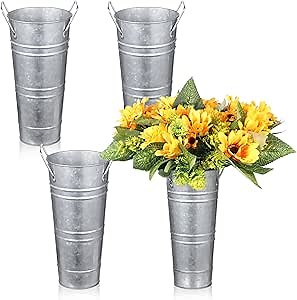 4 Pcs Galvanized Flower Buckets, 9in Farmhouse French Bucket with Handles, Flower Buckets for Cut Flowers,Flower Buckets for Flower Bar, Rustic Farmhouse Vases for Home Decor Wedding Table
