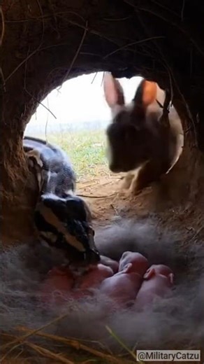 A mother rabbit bites a python to protect her newborn offspring in the burrow