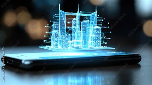 Holographic architectural model, innovative urban planning visualization, future building structure projected from mobile device, advanced smart city development concept, modern application