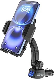 Cigarette Lighter Phone Holder Car Mount Charger [Dual USB Fast Charging] Car Cigarette Lighter Socket Phone Mount with Adjustable Arm, Car Phone Holder Charger for iPhone 16 Pro, Galaxy S24