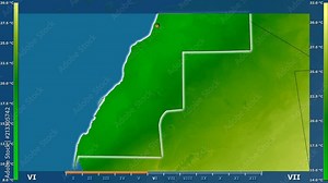 Minimum temperature by month in the Western Sahara area with animated legend - glowing shape, administrative borders, main cities, capital. Stereographic projection