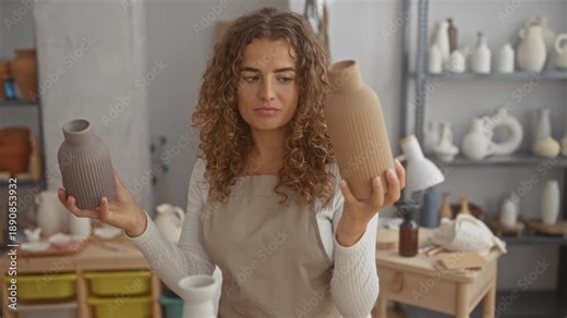 Woman holding two beige ceramic vases with visible hands while comparing shapes on a workbench in a pottery studio; artistic contemplation.