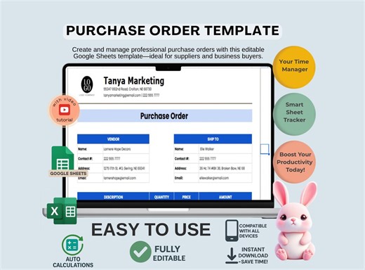 Purchase Order Template | PO Form | Business Ordering Sheet | Editable Google Sheets - Etsy