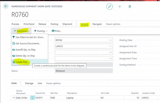 Dynamics 365 Business Central – Message “Nothing to Handle” creating a Warehouse Pick from a Warehouse Shipment