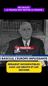 Charles de Gaulle rappelle l’essentiel. Dans ce discours puissant, il défend une Europe des nations, respectueuse des peuples, et une France souveraine, fidèle à son identité et à son histoire. Une vision claire, toujours d’actualité, loin des renoncements modernes. Un message fort qui traverse le temps. #DeGaulle #Souverainete #EuropeDesPeuples #France #Histoire #Discours #Politique #ReelHistorique | Francine
