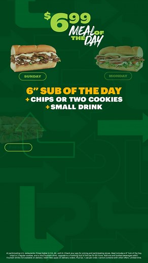Eat a different 6” sub every day of the week, with a drink and chips or 2 cookies for $6.99. Make it a Footlong for $3 more. | Subway | Facebook